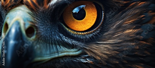 A detailed view of a male Northern Harriers face, showcasing its striking yellow eyes up close. The intense gaze of the eagle is captured in this macro shot, highlighting its powerful and focused photo