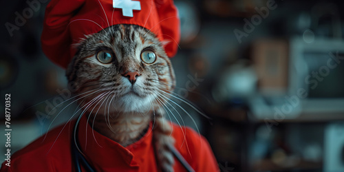 Adorable Feline Nurse Ready for Duty in Red Uniform - Purrfect Care Banner © Алинка Пад