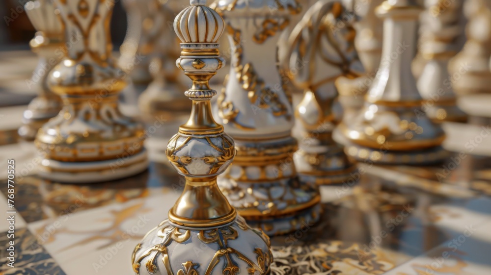 A spellbinding close-up of a chessboard with beautifully sculpted pawn and king pieces A spellbinding close-up of a chessboard with beautifully sculpted pawn and king pieces