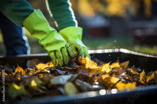 Person Using Green Gloves to Clean Leaves Generative AI