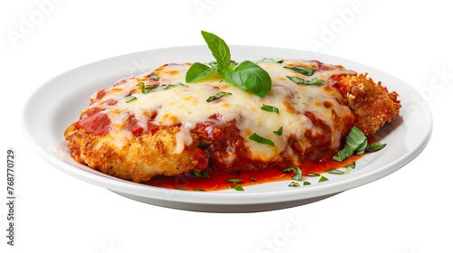 Delicious chicken parmigiana on plate, white background