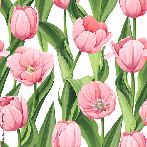 Seamless pattern with pink tulips. Background for March 8, Mother s Day. Texture with spring flowers. Great for wrapping paper, textiles, fabric, wallpaper, etc