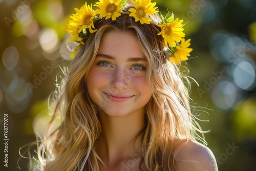 Smiling beautiful girl with long blond hair and bright blue eyes wearing a flower crown of yellow flowers. Summer sunny evening. © SerPhoto