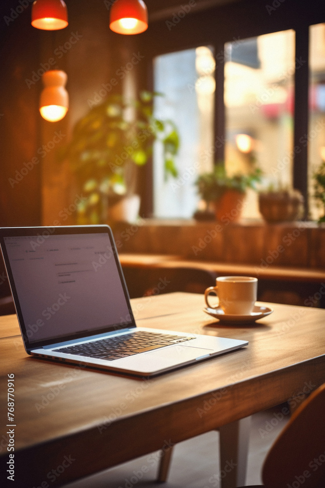 Coffee cup and laptop on wooden table in coffee shop . Coffee cup and laptop on wooden table in coffee shop .