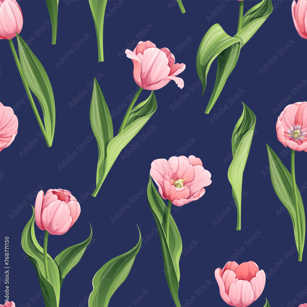 Seamless pattern with pink tulips. Background for March 8, Mother s Day. Texture with spring flowers. Great for wrapping paper, textiles, fabric, wallpaper, etc