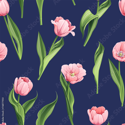 Wallpaper Mural Seamless pattern with pink tulips. Background for March 8, Mother s Day. Texture with spring flowers. Great for wrapping paper, textiles, fabric, wallpaper, etc Torontodigital.ca