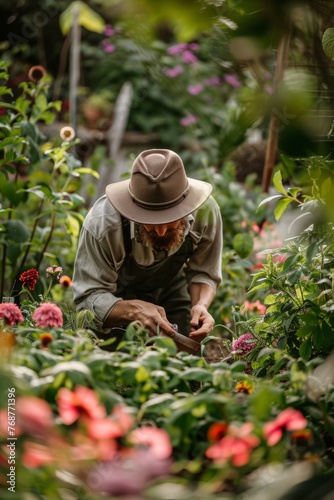 Professional Photography of a Gardening Enthusiast Tending to Their Lush Garden Oasis, Generative AI © Giantdesign