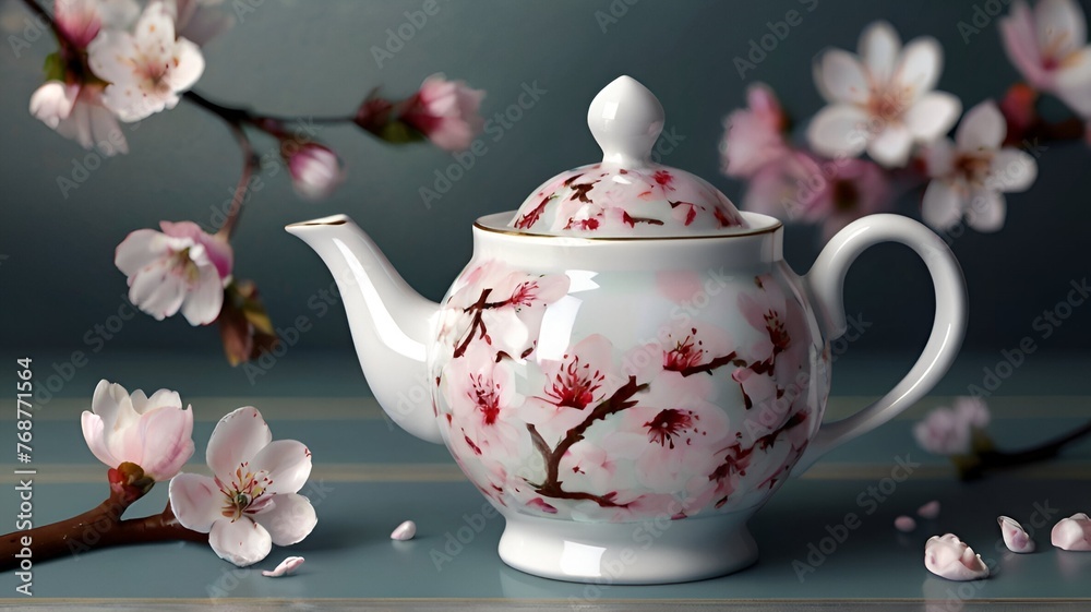 teapot and pink cherry blossoms flowers teapot and pink cherry blossoms flowers