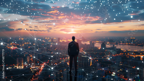 Back view of businessman looking at network hologram over cityscape at sunset. AI. photo