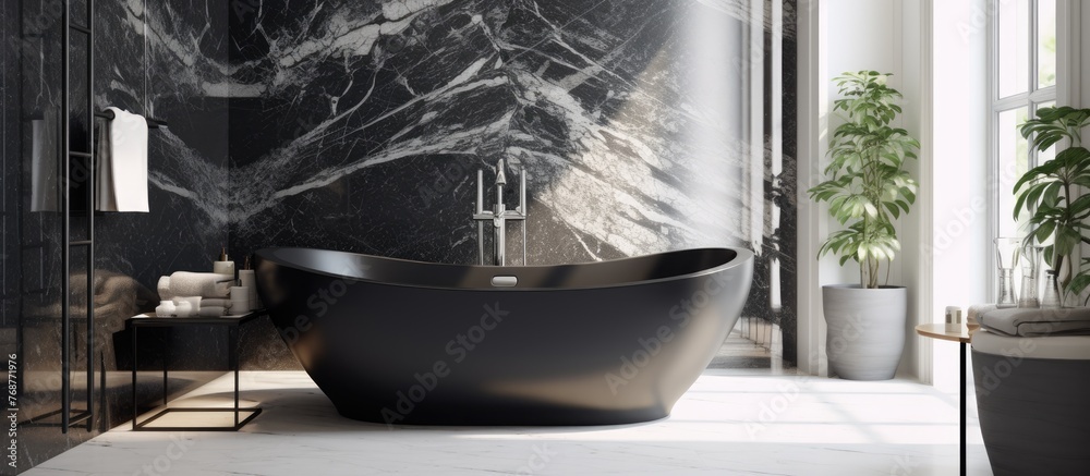 A luxurious bathtub stands in a modern bathroom with a stunning marble wall. The sleek design exudes style and sophistication, creating a chic and elegant space.