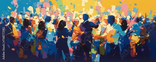 A vibrant painting of people dancing in colorful at the club, with dramatic lighting and a focus on movement. 