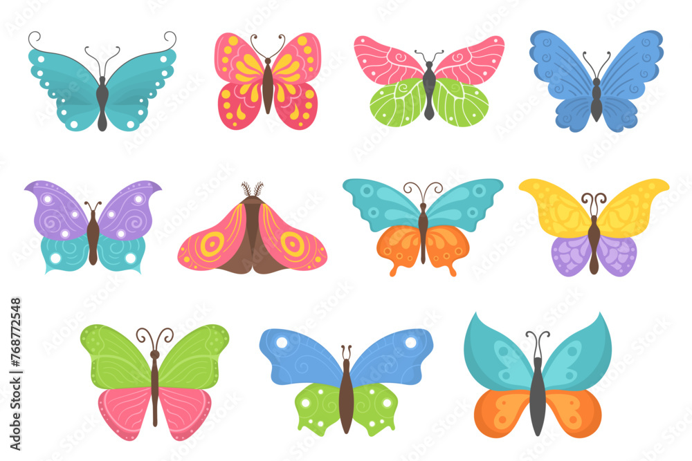 Cartoon butterflies set. Flying insects, delicate moths species with multicolored wings collection. Vintage detailed drawings. Colored vector illustrations isolated on white background Cartoon butterflies set. Flying insects, delicate moths species with multicolored wings collection. Vintage detailed drawings. Colored vector illustrations isolated on white background