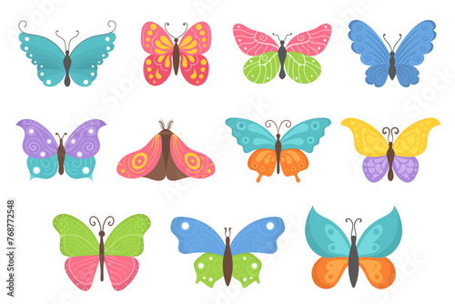 Cartoon butterflies set. Flying insects, delicate moths species with multicolored wings collection. Vintage detailed drawings. Colored vector illustrations isolated on white background