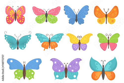 Cartoon butterflies set. Flying insects, delicate moths species with multicolored wings collection. Vintage detailed drawings. Colored vector illustrations isolated on white background © Little Monster 2070