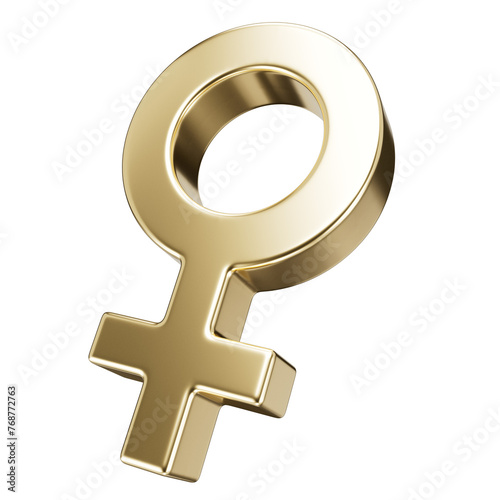 Female symbol. 3d icon with golden texture. Metal women's sign isolated on transparent background.