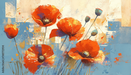 Abstract Blue and Gold Painting with Red Poppies, Flower Art on Canvas