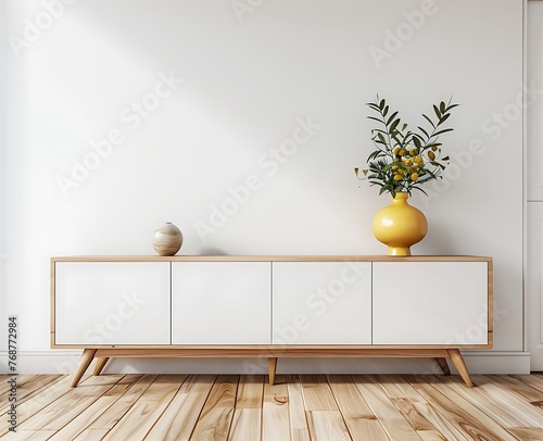 a modern TV stand with a white cabinet and a yellow vase on a wooden floor in a living room interior design, front view, minimal style, white wall background