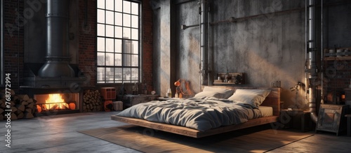 A bed sits next to a fireplace in a modern industrial style bedroom. The room features minimalist decor and a cozy atmosphere with the warmth of the fire.