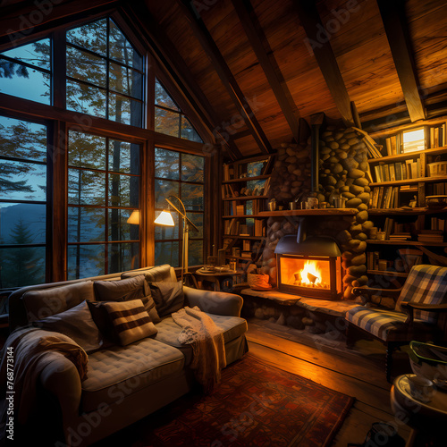A cozy cabin in the woods with a fireplace. 