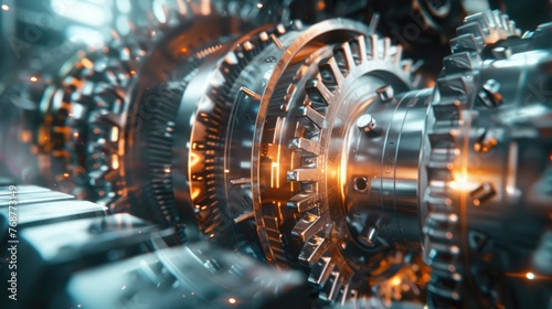 Gear wheels in abstract technology background: dynamic backdrop features interlocking gear wheels set against a futuristic tech-inspired environment. Engine and technological concept © eireenz