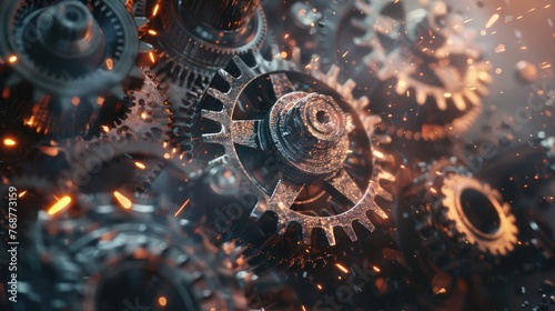 Gear wheels in abstract technology background: dynamic backdrop features interlocking gear wheels set against a futuristic tech-inspired environment. Engine and technological concept photo