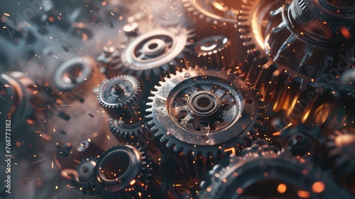 Gear wheels in abstract technology background: dynamic backdrop features interlocking gear wheels set against a futuristic tech-inspired environment. Engine and technological concept