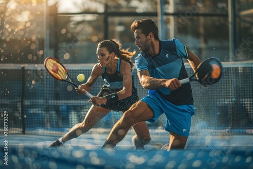 A dynamic duo, a male and female padel team, engage in a spirited game of tennis, showcasing agility, teamwork, and skill. photo