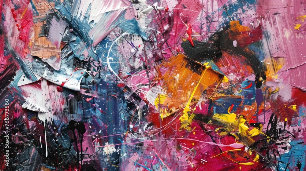 Fototapeta premium Abstract colorful background with geometric textured oil or acrylic shapes. Artistic banner with expressive graffiti wall texture and brush strokes