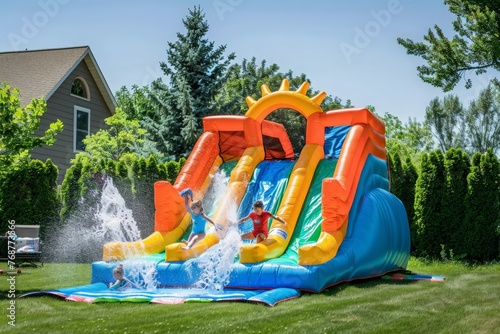 Children joyfully slide down a large inflatable water slide in a vibrant backyard setting. © AiHRG Design