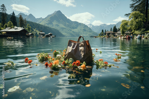 Tranquil Alpine Lake with Blooming Flowers and Floating Leather Bag Banner