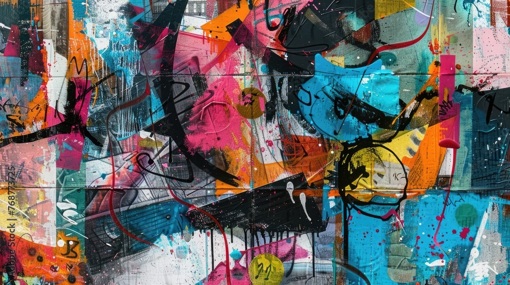 Fototapeta premium Abstract colorful background with geometric textured oil or acrylic shapes. Artistic banner with expressive graffiti wall texture and brush strokes