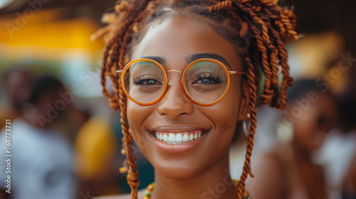 Portrait of a cheerful young woman with glasses and braided hair smiling at the camera.