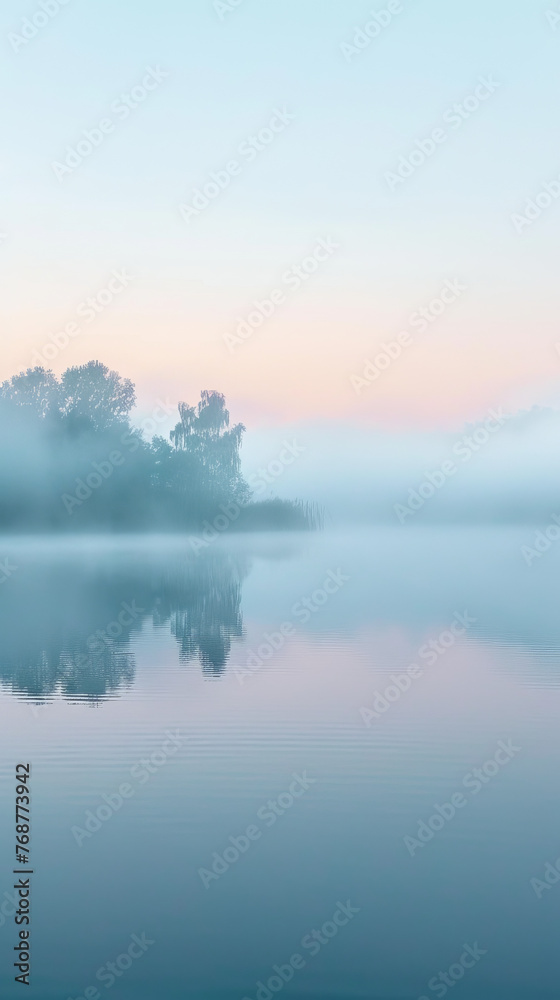 A foggy morning envelops the still blue lake, creating a perfect mirror image of the trees on the water's surface