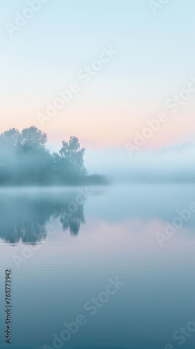A foggy morning envelops the still blue lake, creating a perfect mirror image of the trees on the water's surface