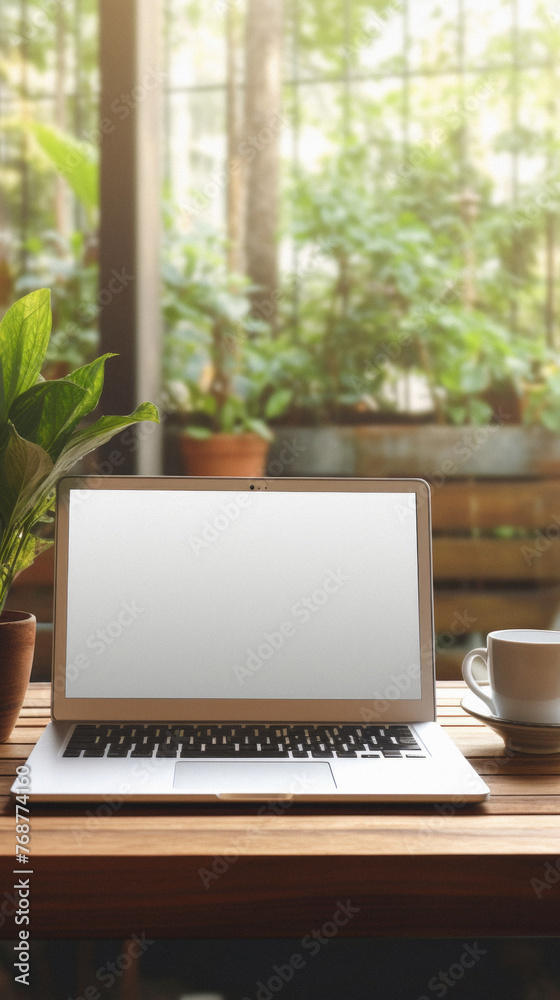 Laptop with blank screen on wooden table in coffee shop,