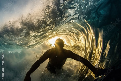 A surfer rides a wave during a spectacular sunset, the golden light filtering through the waters swirl. © AiHRG Design