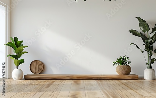 a white wall in a modern minimalist yoga studio with a wooden floor and shelf, empty space mock up