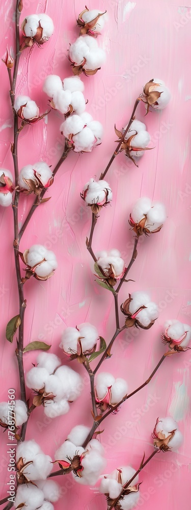 cotton branches on a light pink background.