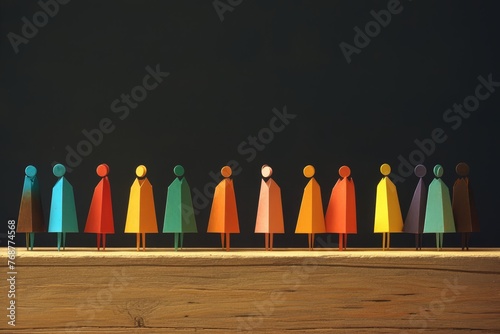 Colorful paper people standing in line on a wooden table against a black background, representing diversity and unity in society for a social demonstration concept