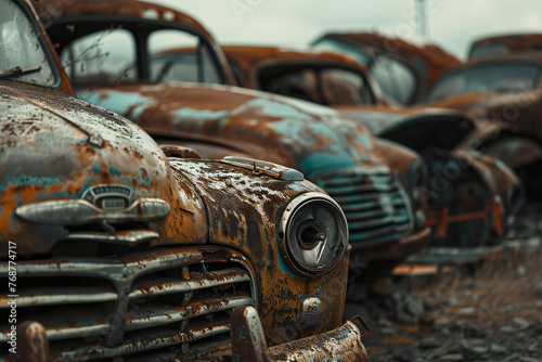 Old vintage rusty car truck abandoned in the junkyard