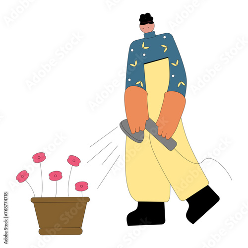 Gardener working flowers flat vector isolated illustration. Agricultural working people tending garden.	
