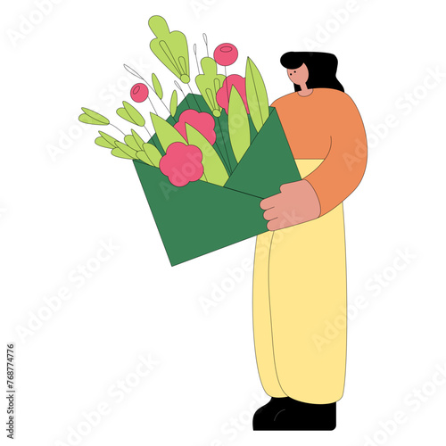 Gardener working gift flowers flat vector isolated illustration. Agricultural working people tending garden.	
