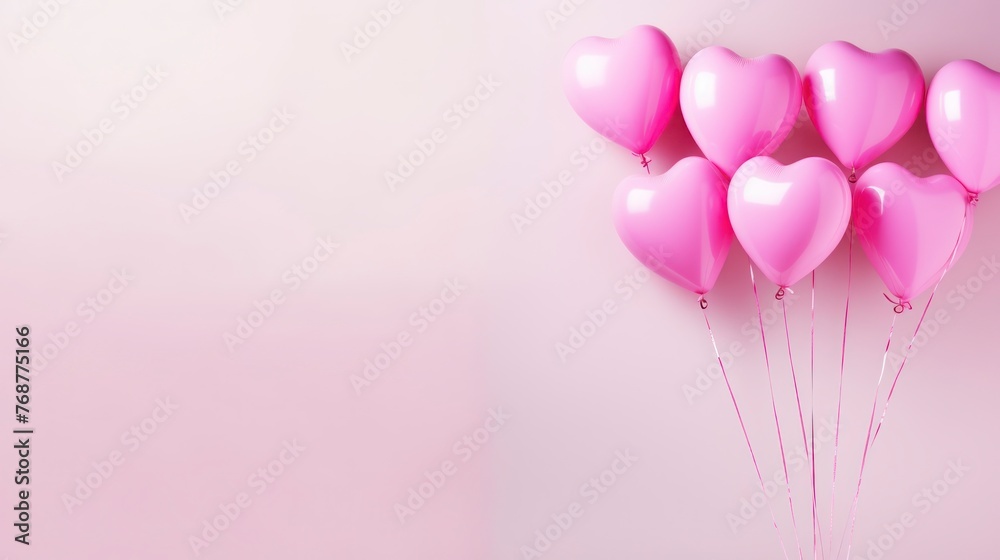 Pink heart shaped balloons on pink background. Valentines day background.