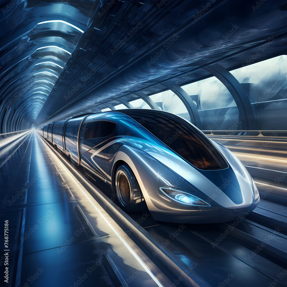 A futuristic train speeding through a tunnel. 