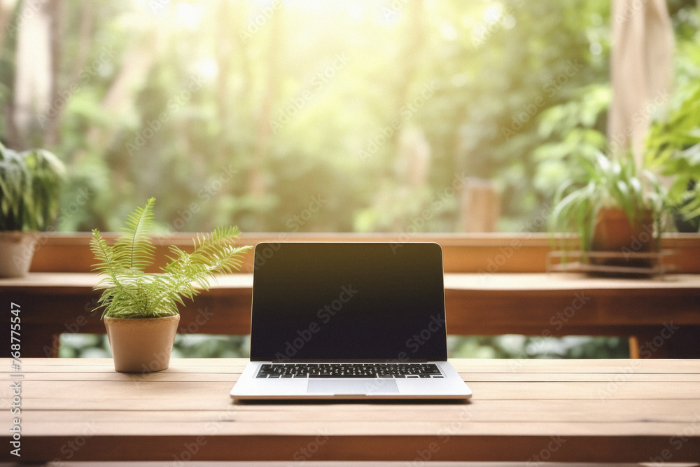 Laptop computer with blank screen on wooden table in coffee shop . Laptop computer with blank screen on wooden table in coffee shop .