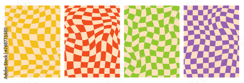 Psychedelic checkerboard backgrounds in groovy style. Yellow, red, green, violet colors chessboard illustration. Retro posters collection with distorted grid tile for print, design templates. Vector