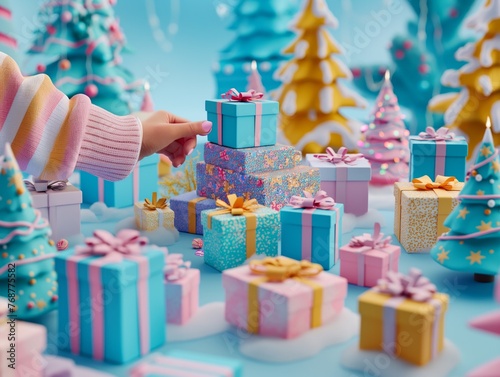A person is reaching for a gift in a pile of presents. The presents are in various colors and sizes, and there are several trees in the background