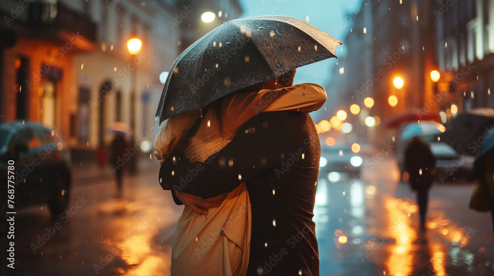 Casal se abraçando debaixo de um guarda chuva na chuva - obrazy, fototapety, plakaty 