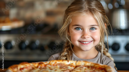 Smiling young girl holding a large pizza in a kitchen setting, with a warm, inviting atmosphere.