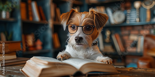 Scholarly Pup Engrossed in a Good Book - Adorable Canine Librarian Banner